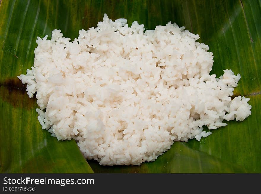 Organic steam rice on a banana leaf. Organic steam rice on a banana leaf