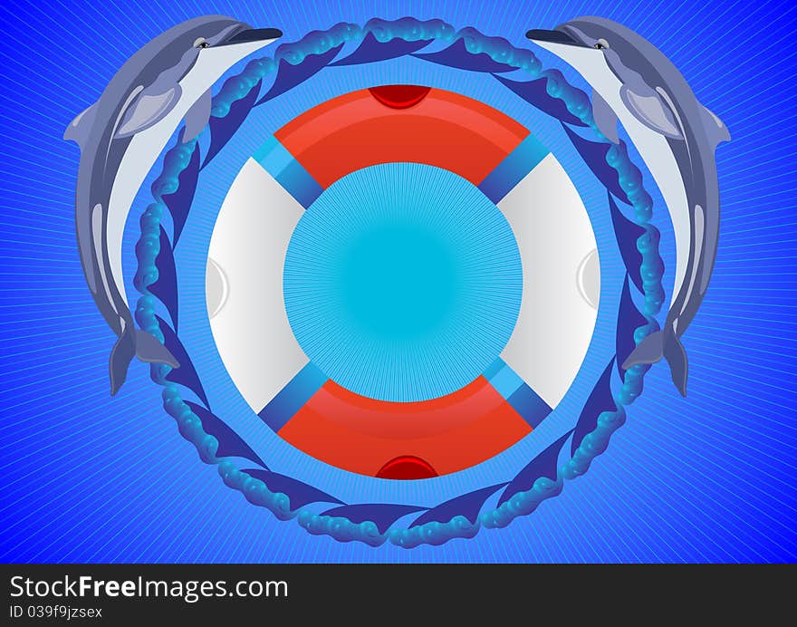 Abstract blue background. Lifebuoy is surrounded by ocean waves and two dolphins. Abstract blue background. Lifebuoy is surrounded by ocean waves and two dolphins