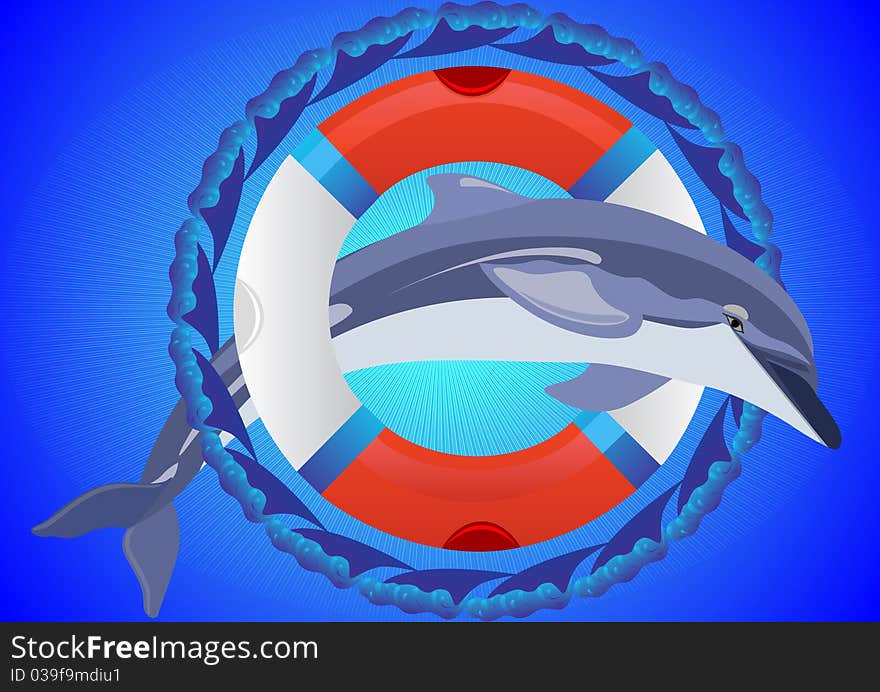 Abstract blue background. Dolphin jumping through a ring buoy surrounded by ocean waves. Abstract blue background. Dolphin jumping through a ring buoy surrounded by ocean waves.