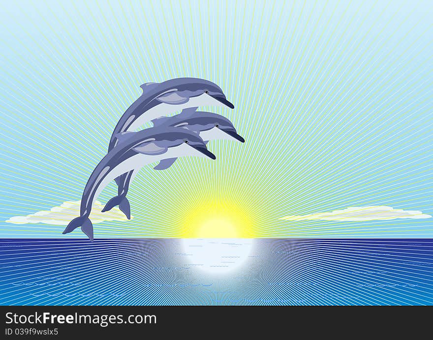 On the horizon of the ocean the sun shines. Against the blue sky group of dolphins