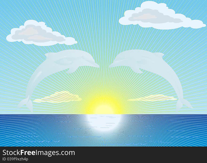 On the horizon of the ocean the sun shines. Clouds float across the sky. Two dolphins in the color of clouds against the blue sky. On the horizon of the ocean the sun shines. Clouds float across the sky. Two dolphins in the color of clouds against the blue sky