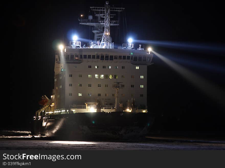 Atomic icebreaker Vaigach in river Enisey, Russian Federation