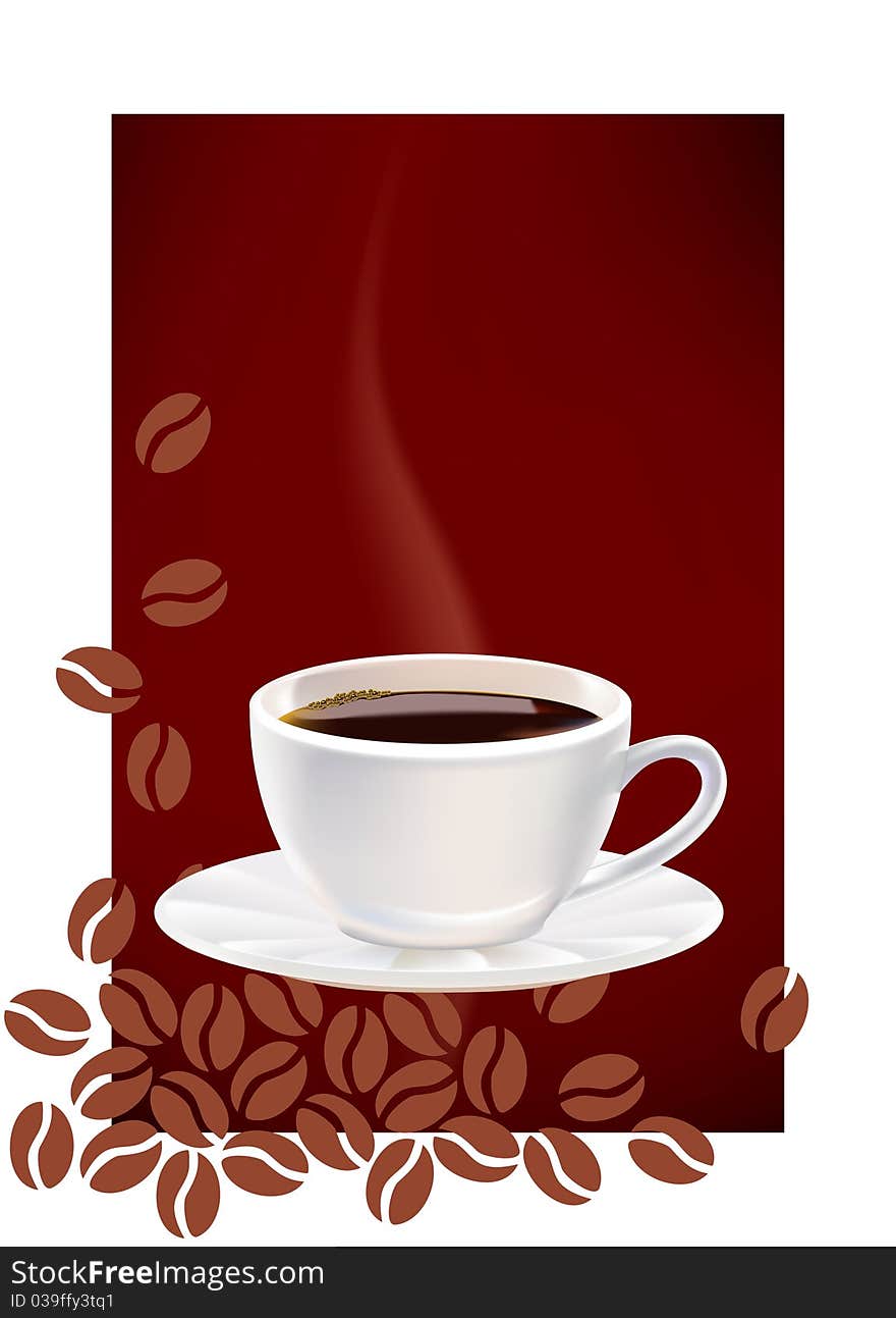 Cup of coffee and dark abstract background. Vector illustration.