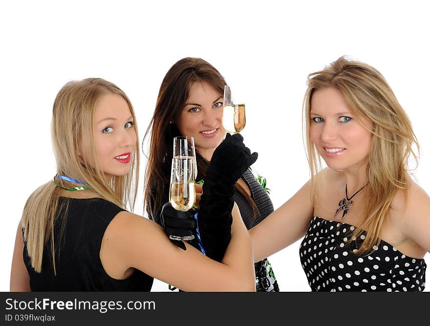 Three beautiful woman with glasses of champagne celebrating on party. isolated on white background