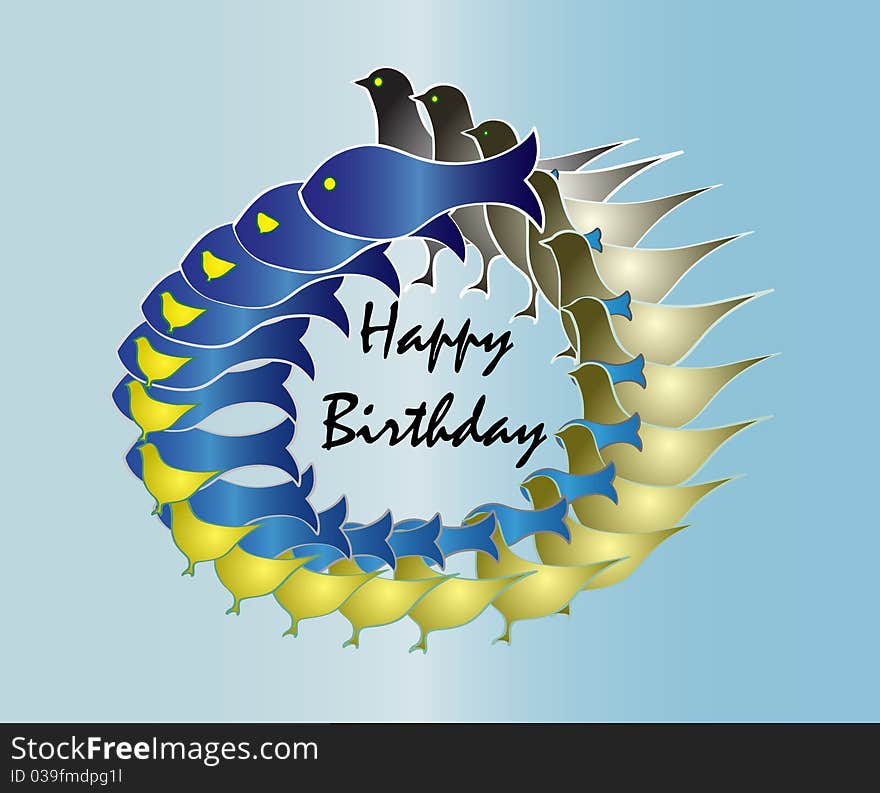 Birthday card with birds and fish. Birthday card with birds and fish