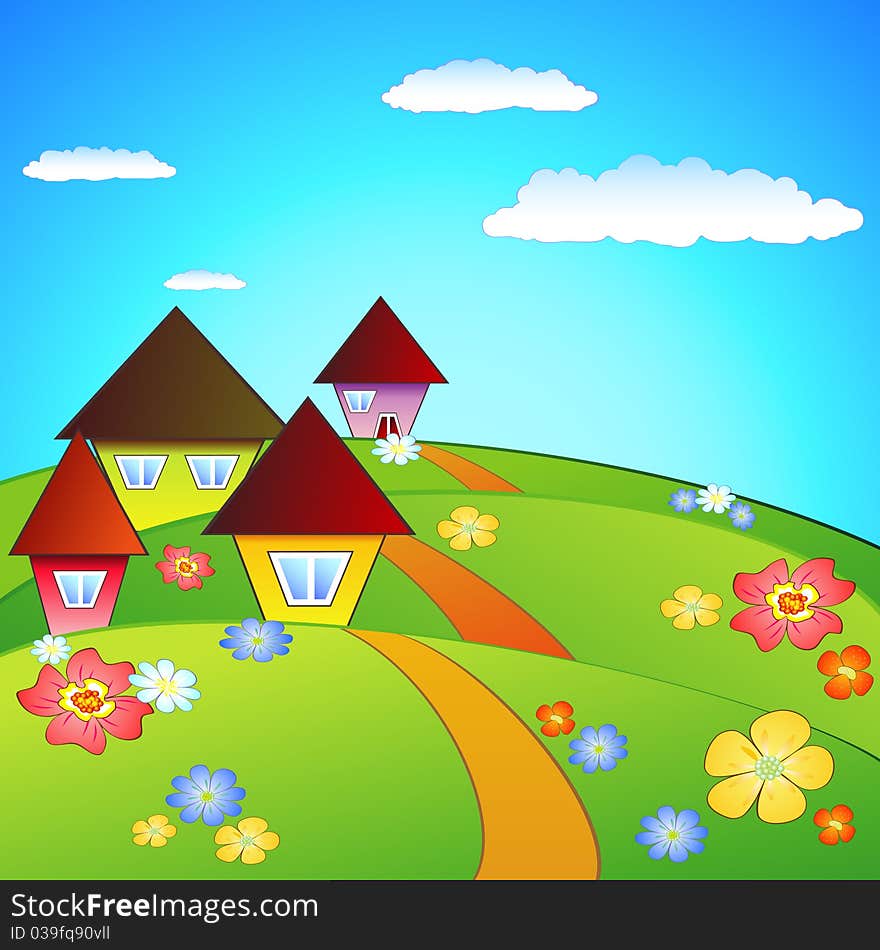 Cartoon rural landscape with flowers and houses. Cartoon rural landscape with flowers and houses