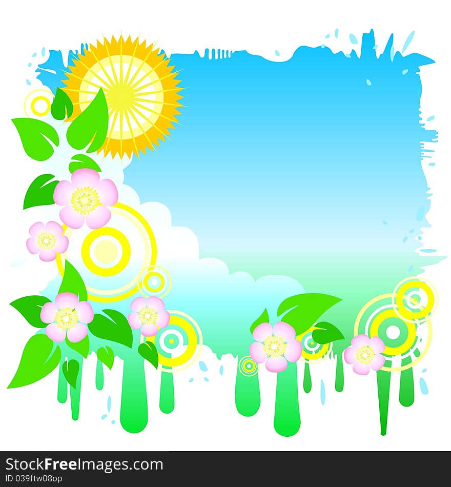 Blue sky with flowers, leaves and funky elements, with copy space. Blue sky with flowers, leaves and funky elements, with copy space