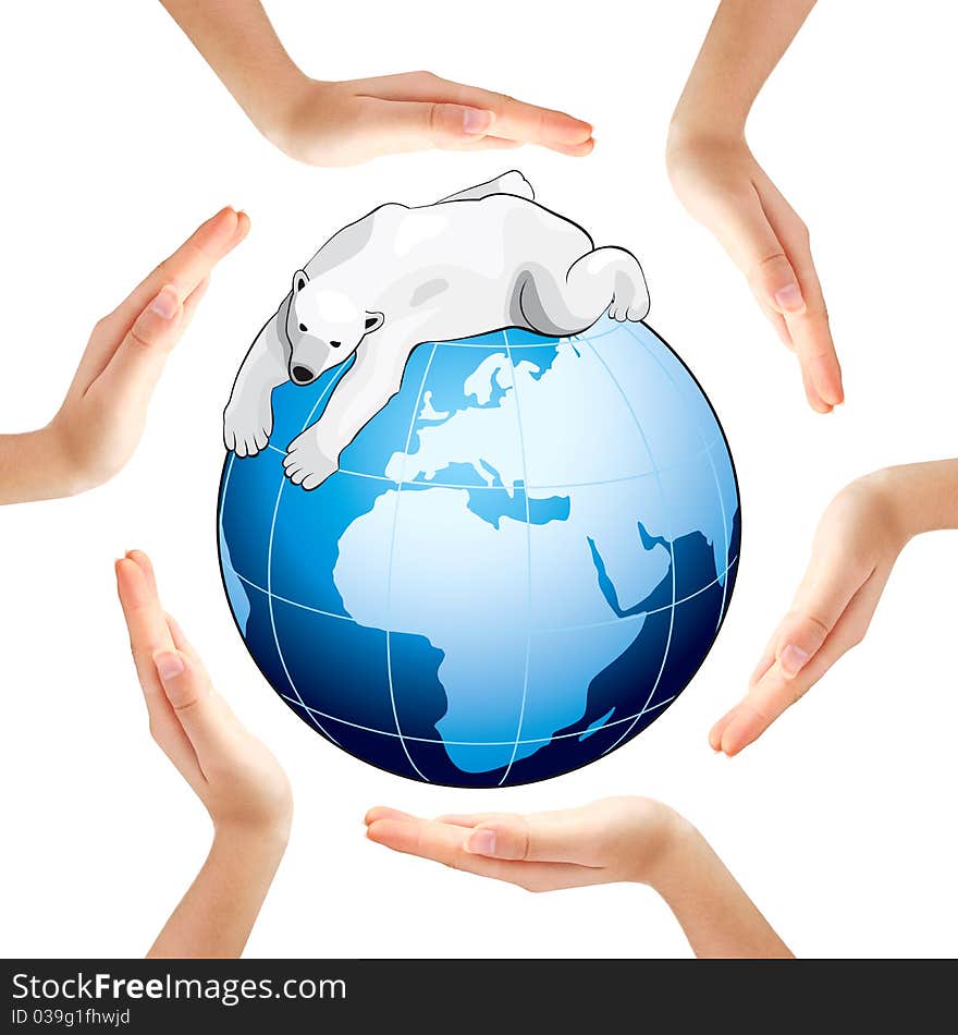 Hands making a circle with blue Earth and polar bear