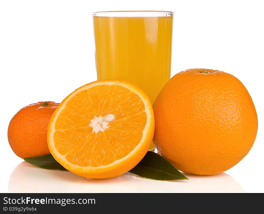 Juice and orange on white isolated on white background