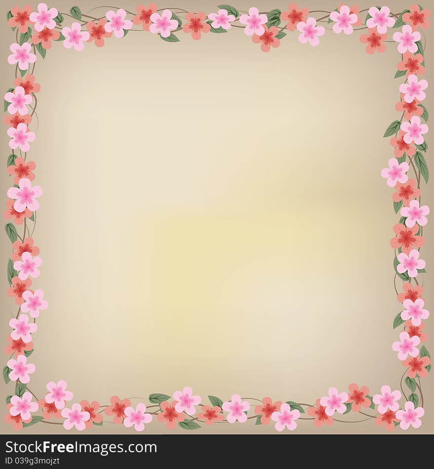 Abstract floral illustration with pink flowers on beige background