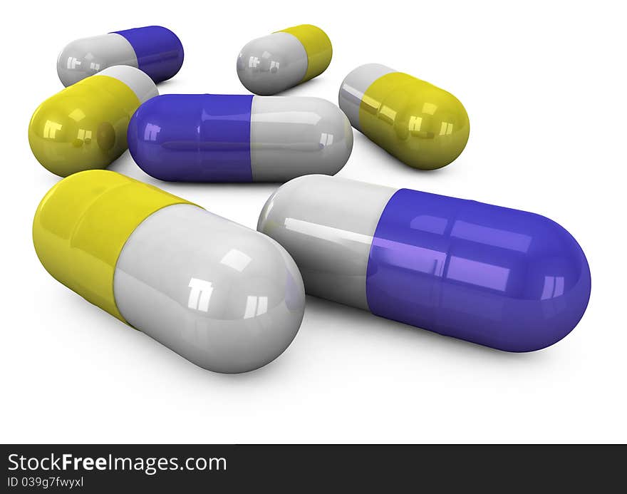 3d different tablets and pills on a white background. 3d different tablets and pills on a white background