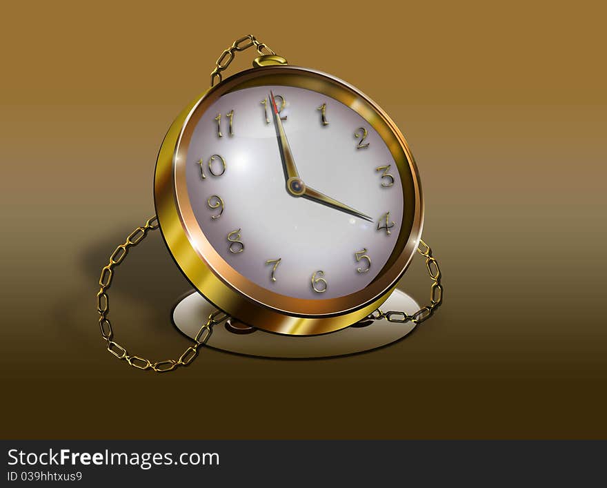 We see a gold watch with a chain on a light background. We see a gold watch with a chain on a light background