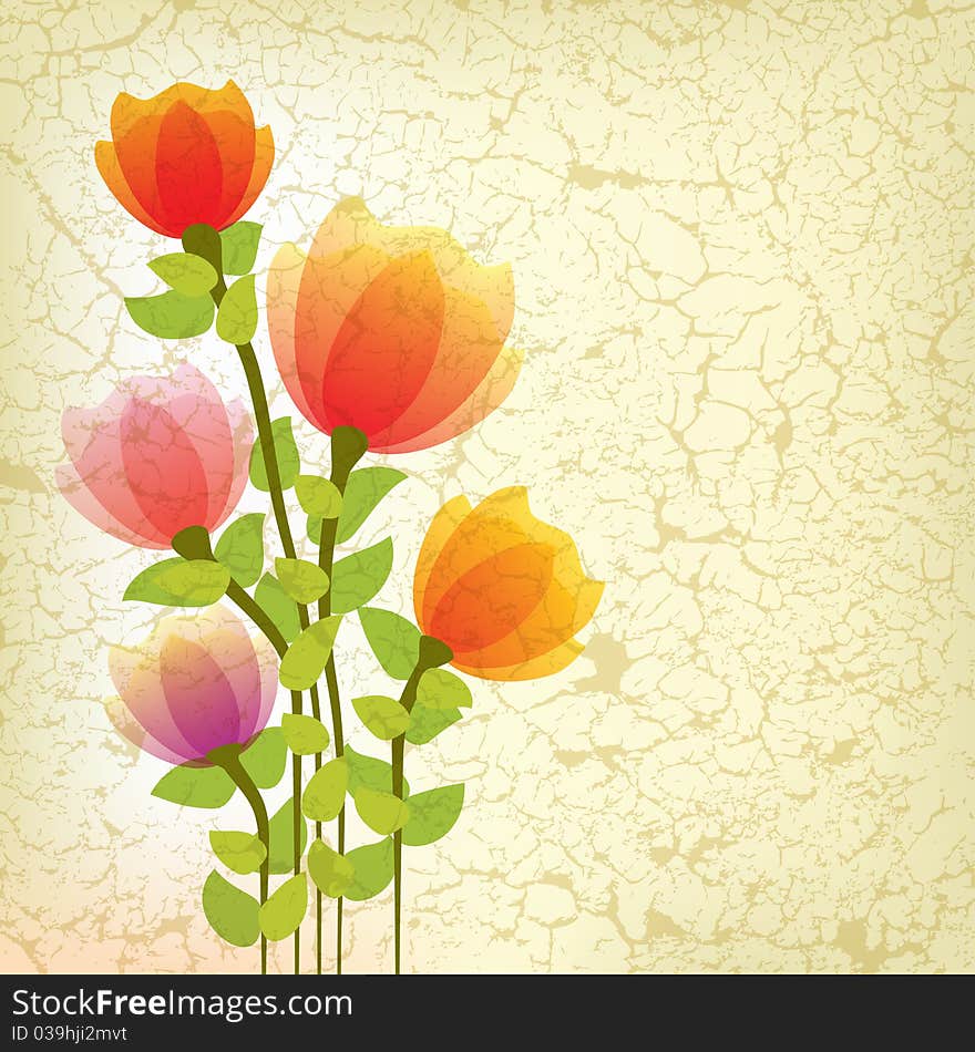 Abstract floral illustration with red flowers on cracked background