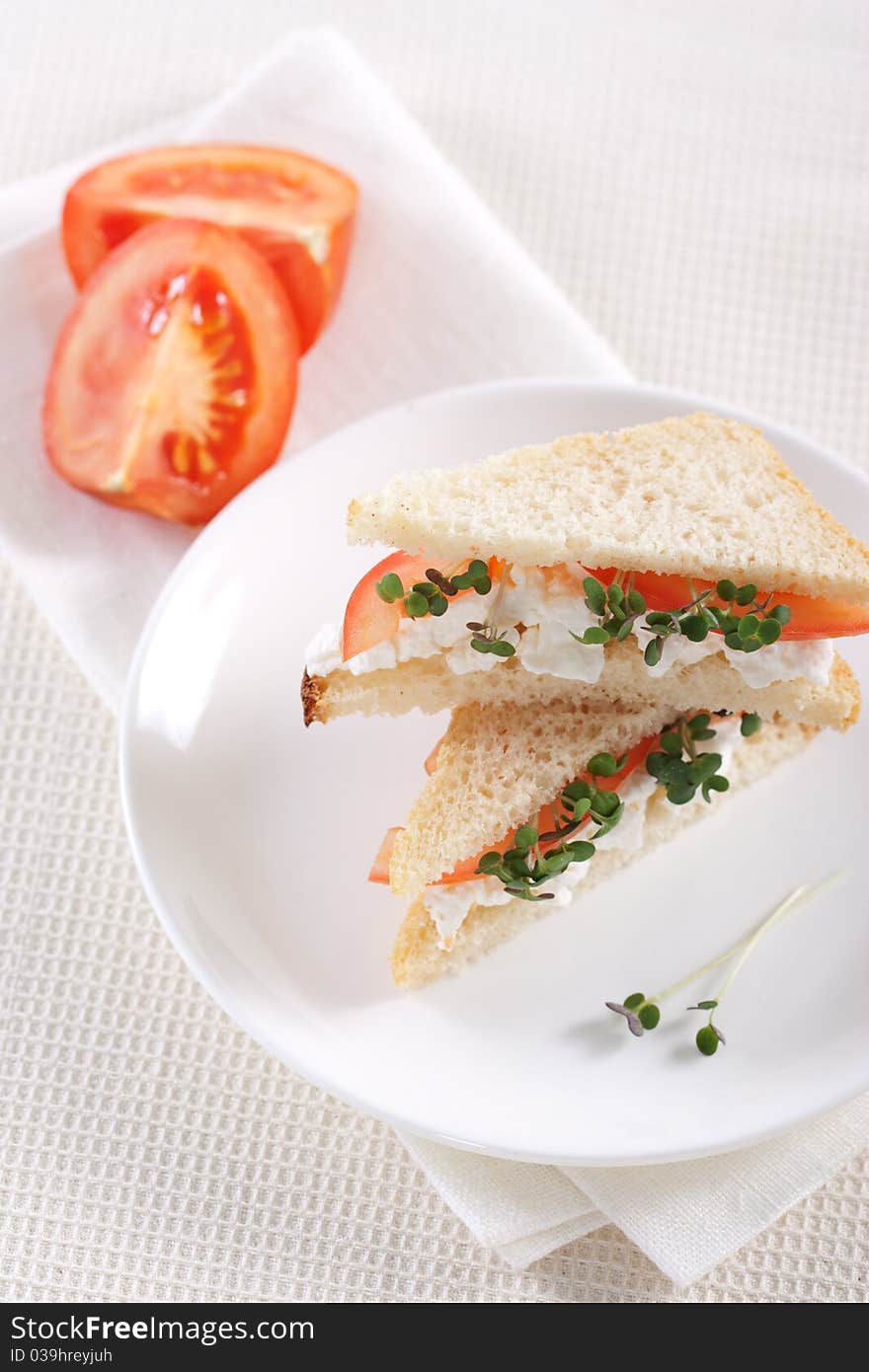 Vegetarian sandwiches with cottage cheese, tomatoes and mustard sprouts