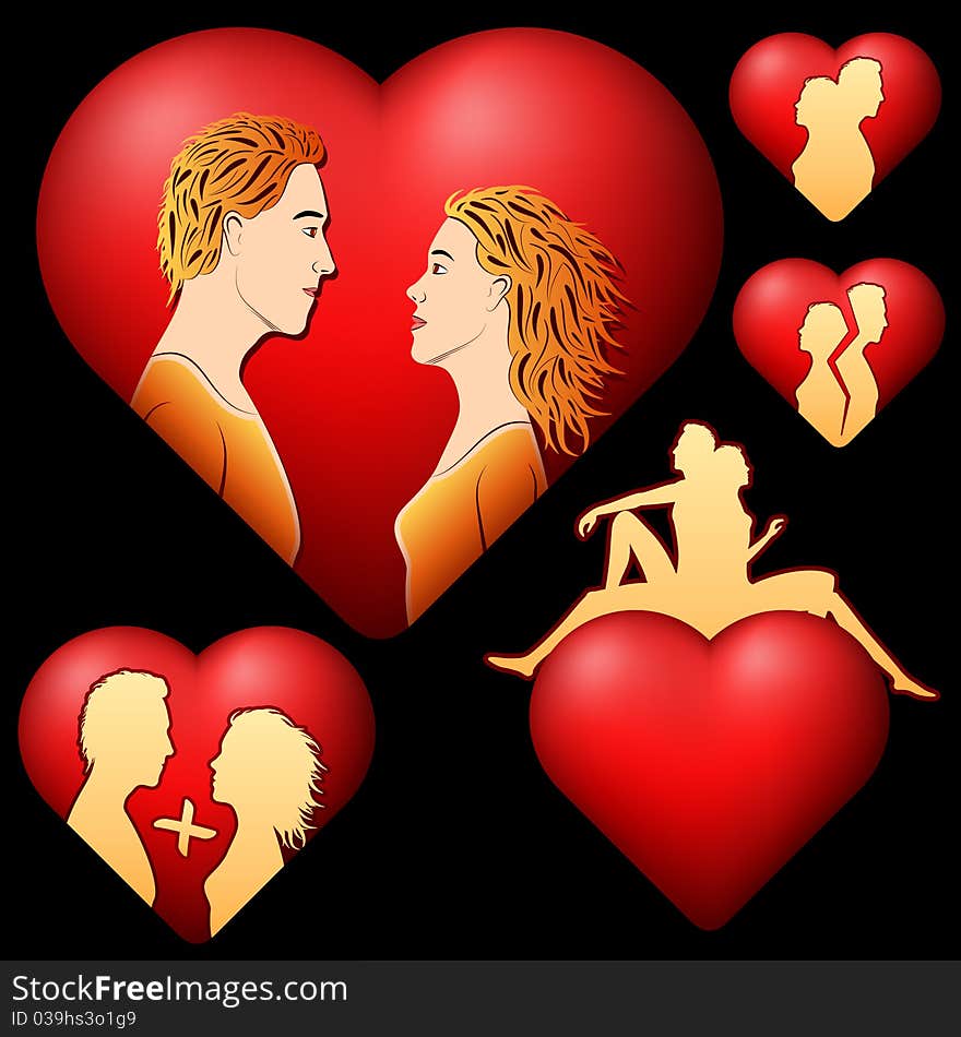 Volumetric hearts with silhouette of couple in love.
Illustration is easily edited. 
Isolated on white background. 
This is  illustration eps8. Volumetric hearts with silhouette of couple in love.
Illustration is easily edited. 
Isolated on white background. 
This is  illustration eps8.