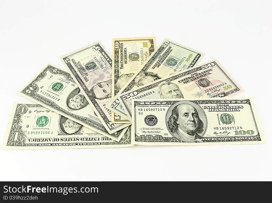 Set of dollars of all values on a white background