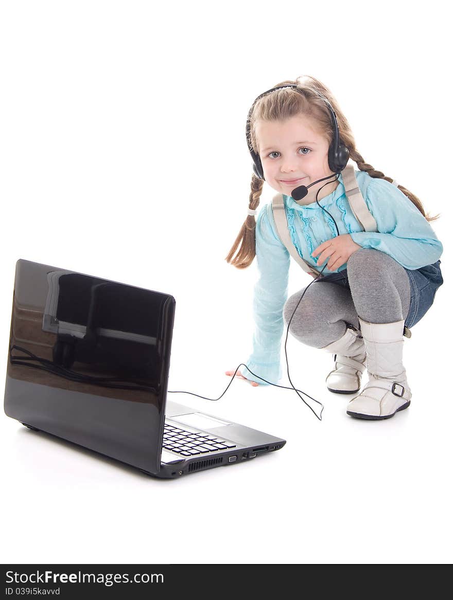 In headset smiling on white background. In headset smiling on white background