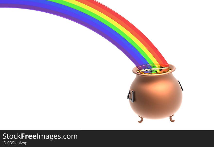 Copper pot full of gold coins at the end of rainbow