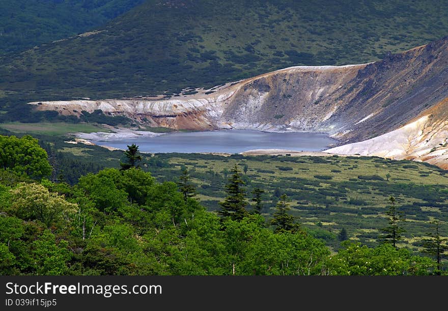 Lake on the slopes of an active volcano Golovnin. Lake on the slopes of an active volcano Golovnin