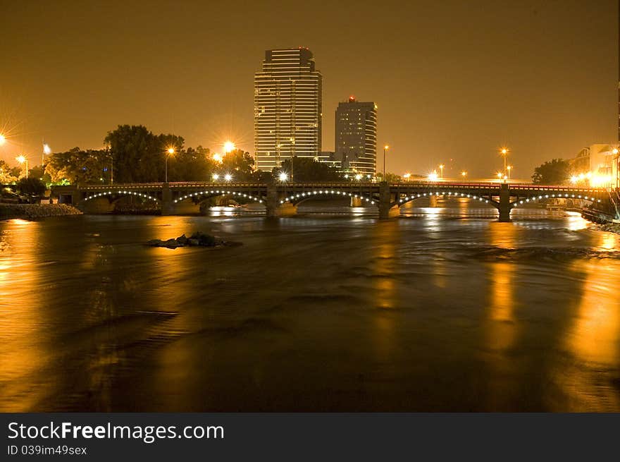 Local buildings on the river at night. Local buildings on the river at night