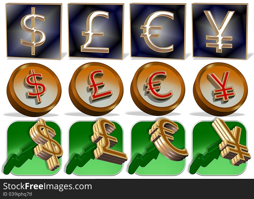 4 vector icons of dollar, pound, euro and yen in 3 different designs. 4 vector icons of dollar, pound, euro and yen in 3 different designs