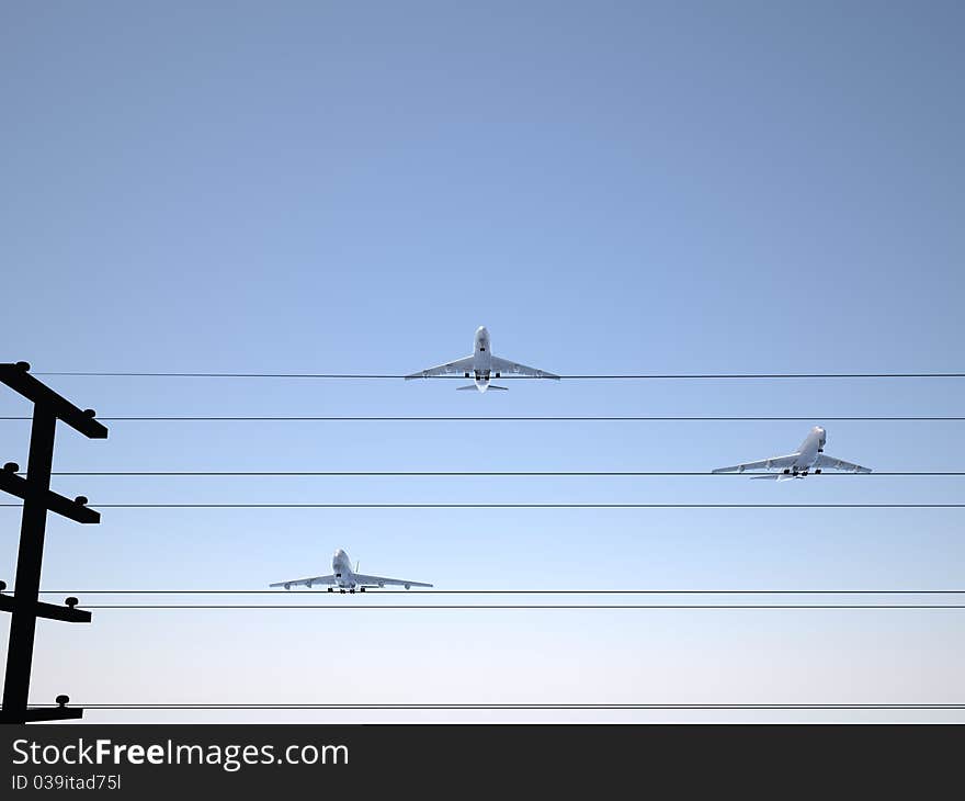 Three planes have a rest on wires. Three planes have a rest on wires