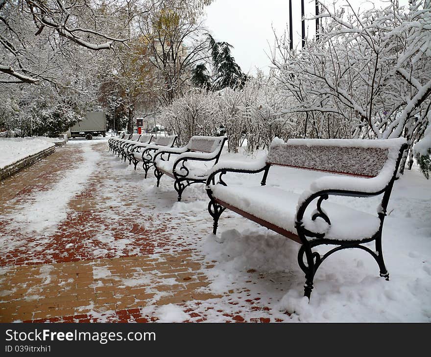 Benches with snow in Sofia, Bulgaria