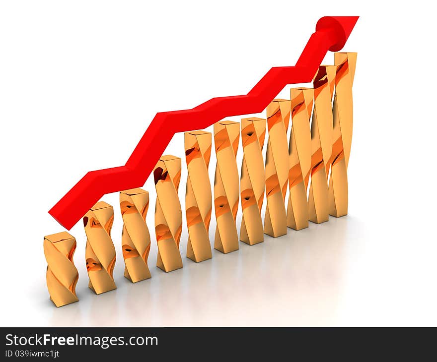 The graph of growth of the red arrows and boxes of twisted gold on a white background mirror №2. The graph of growth of the red arrows and boxes of twisted gold on a white background mirror №2