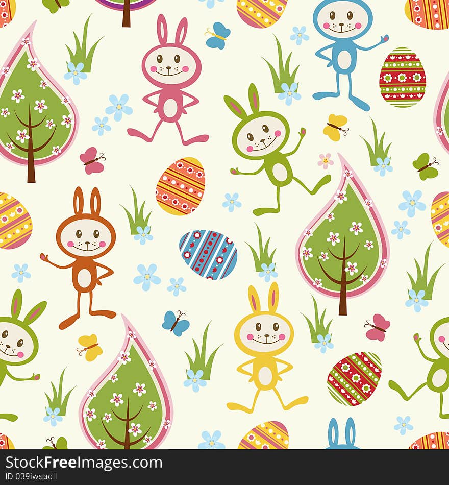 Seamless background with funny rabbits, decorated eggs, trees, flowers and butterflies. Seamless background with funny rabbits, decorated eggs, trees, flowers and butterflies.