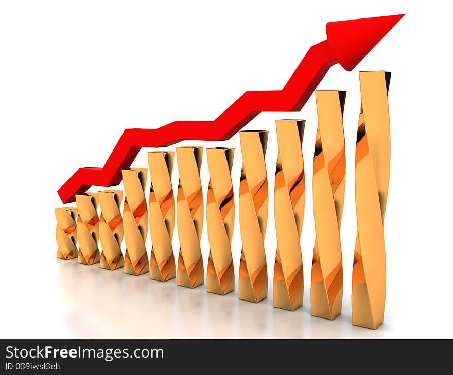 The graph of growth of the red arrows and boxes of twisted gold on a white background mirror №3. The graph of growth of the red arrows and boxes of twisted gold on a white background mirror №3