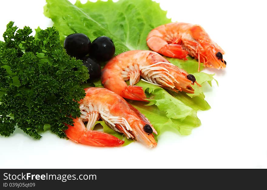 Shrimp with lettuce, parsley and black olives