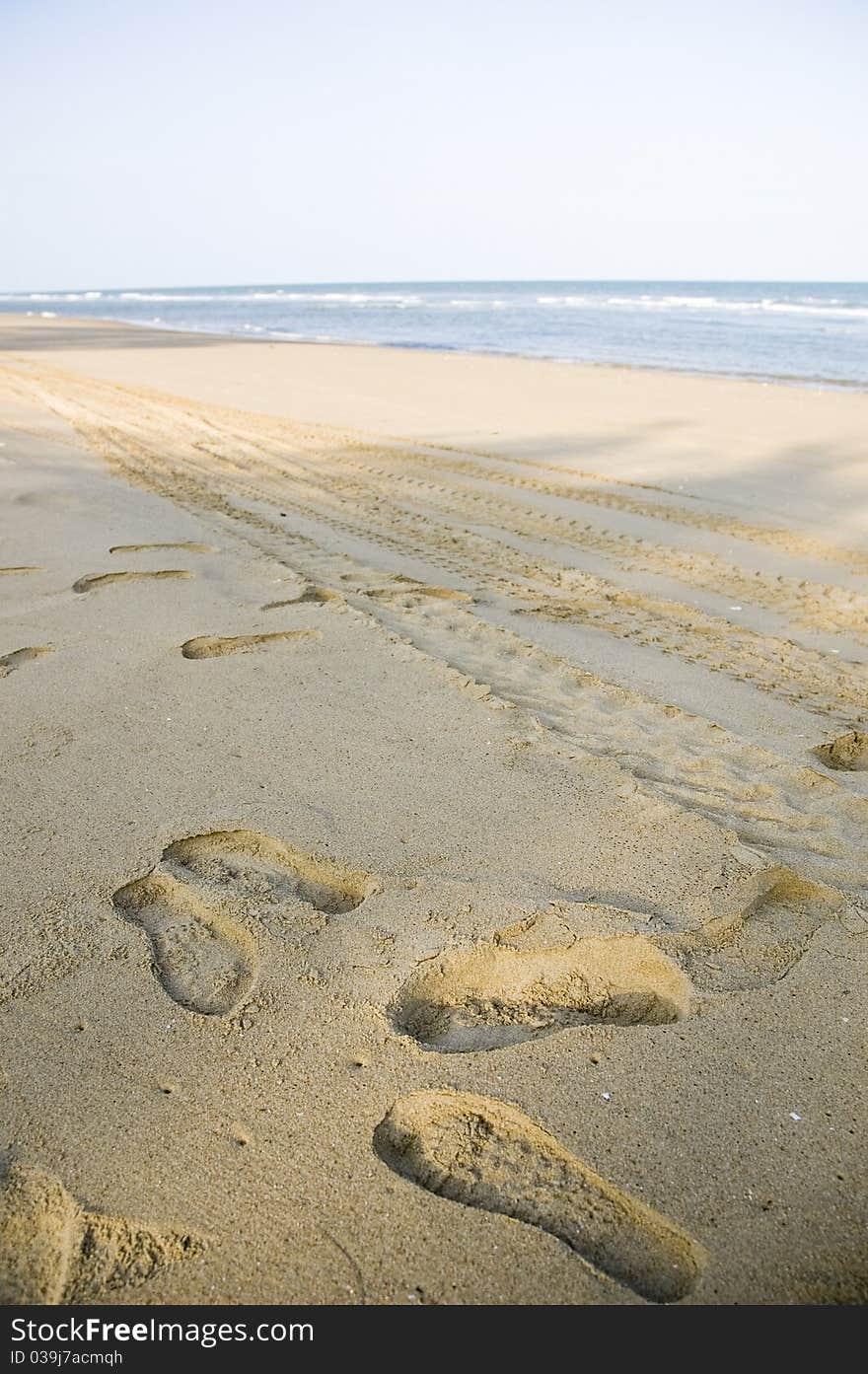 Footprints in sand on the beach background.