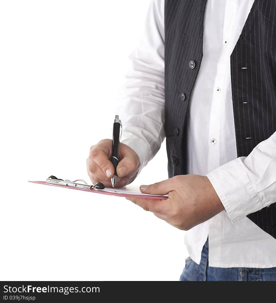 Businessman writes on clipboard, isolated over white background. Businessman writes on clipboard, isolated over white background