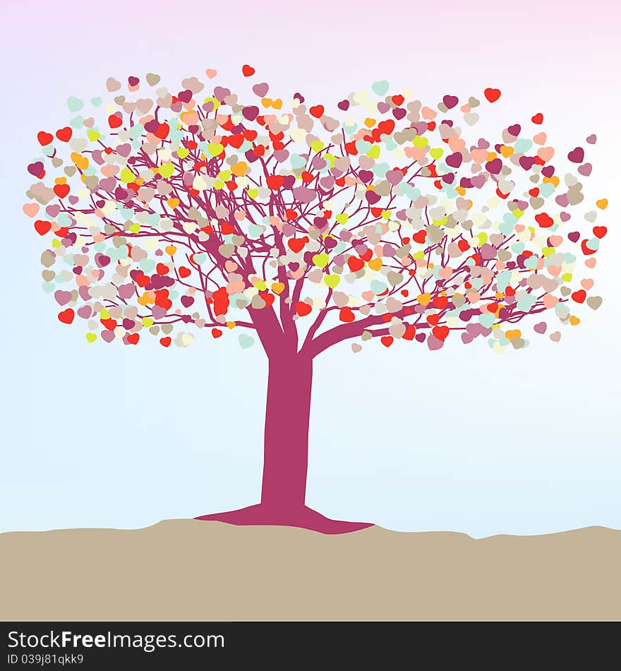 Romantic tree with hearts template card. EPS 8