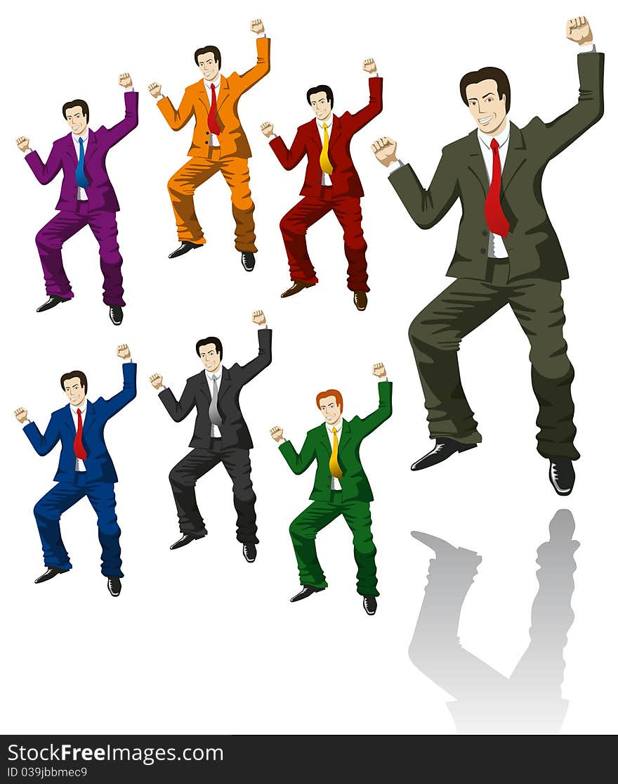 Happy jumping businessman in suits of different color isolated on white background