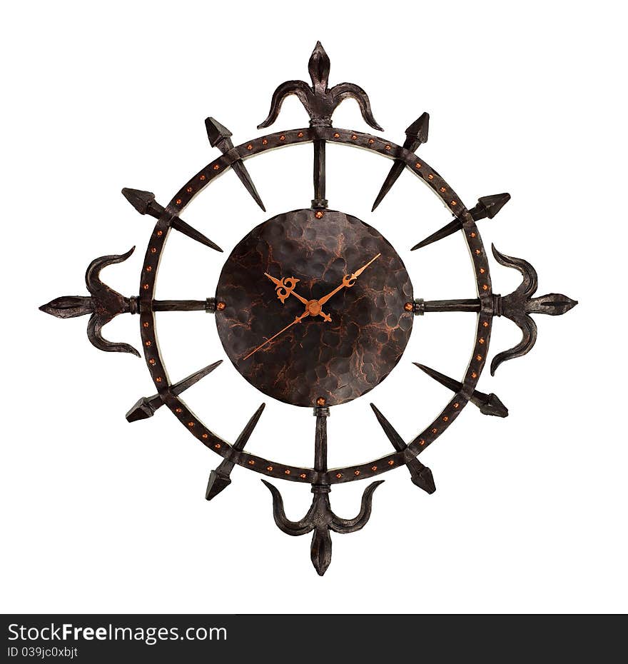 Wrought iron wall clock isolated on white background