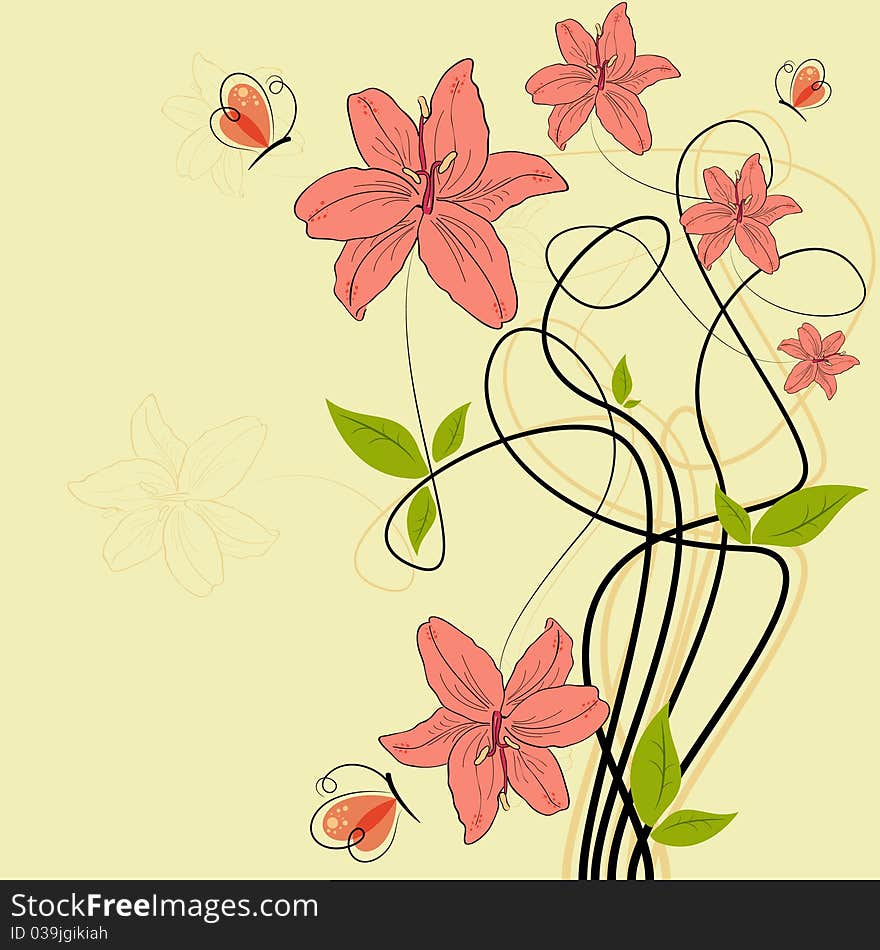 Vector pictures with pink lilia flowers and butterflies. Vector pictures with pink lilia flowers and butterflies