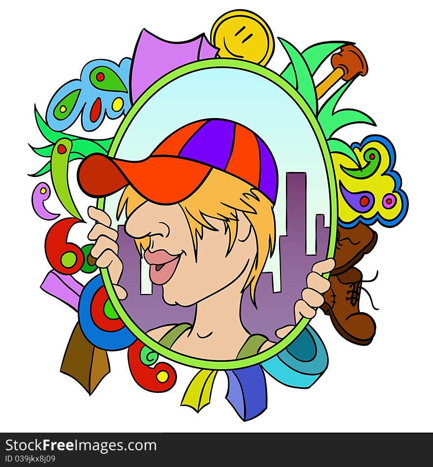 Vector illustration. Cartoon teen in cap with abstract urban background