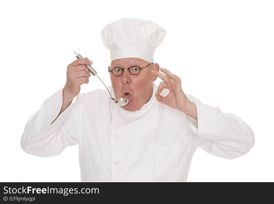 A cook with a soup ladle