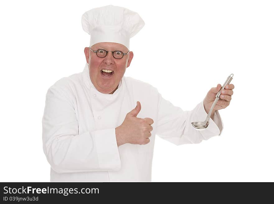 A cook with a soup ladle