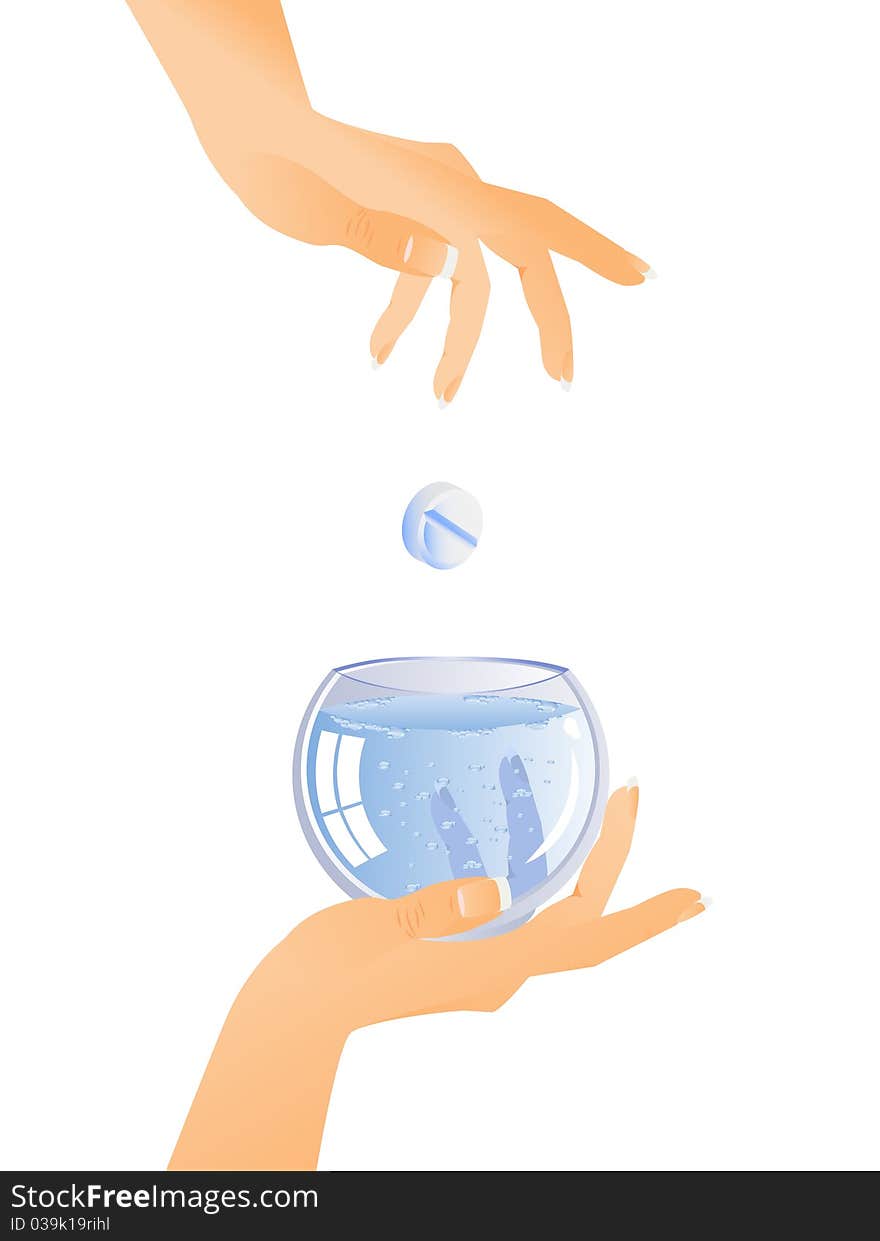 Vector isolated figure. Dissolution of the tablets in a glass of water. Hand holds the glass. Another throws tablet. Vector isolated figure. Dissolution of the tablets in a glass of water. Hand holds the glass. Another throws tablet.