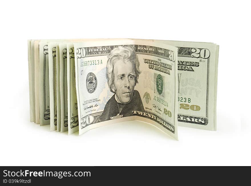 Twenty US Dollar Bills isolated on a white background. Twenty US Dollar Bills isolated on a white background.