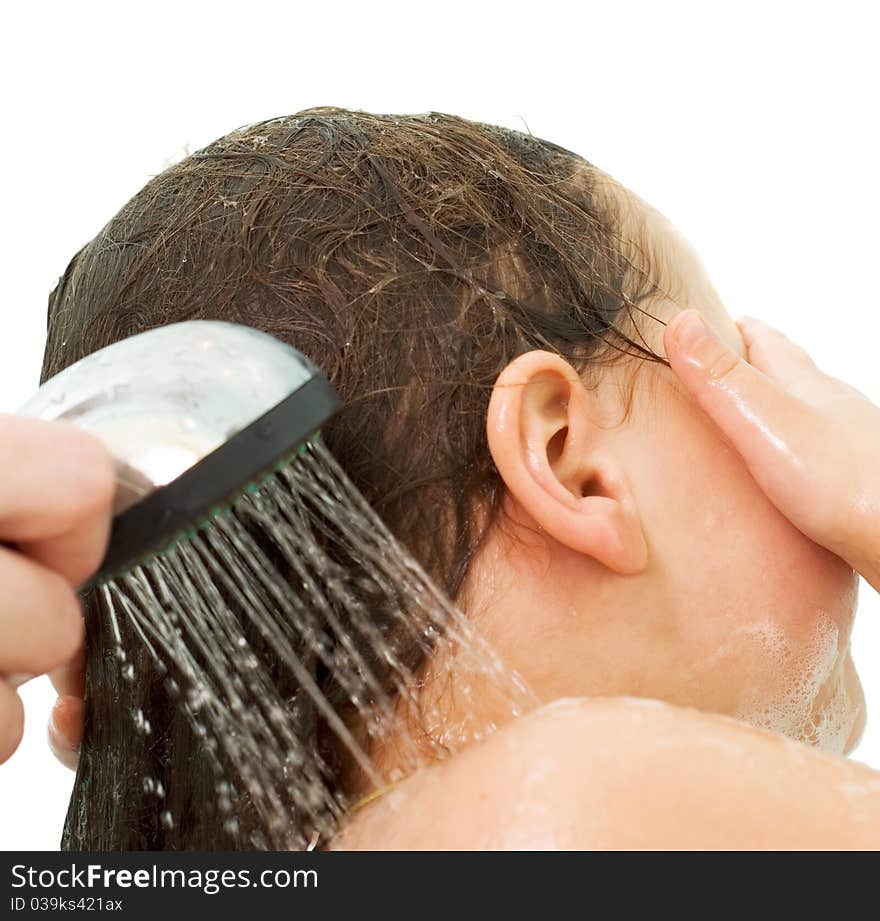 Little girl washes her head, isolation