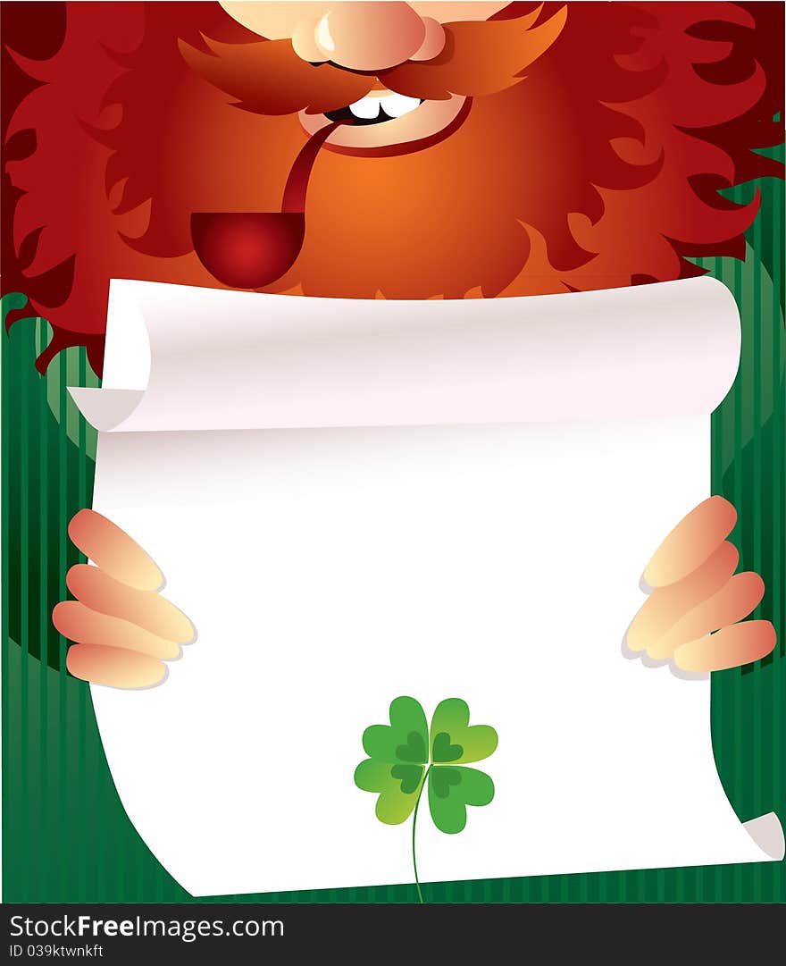 Vector illustration of leprechaun holding a paper list with shamrock. Vector illustration of leprechaun holding a paper list with shamrock