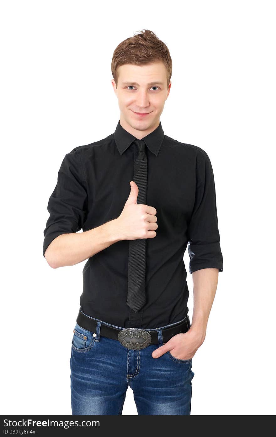 Happy casual young man showing thumb up on white background