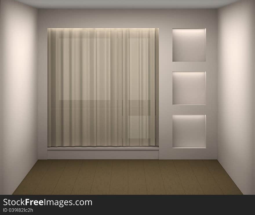 Empty white room with a curtain and a show-window