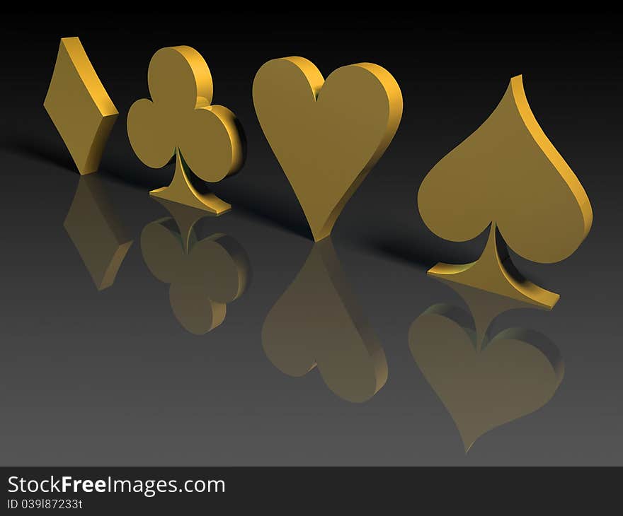 Golden card symbols over black background, 3d render