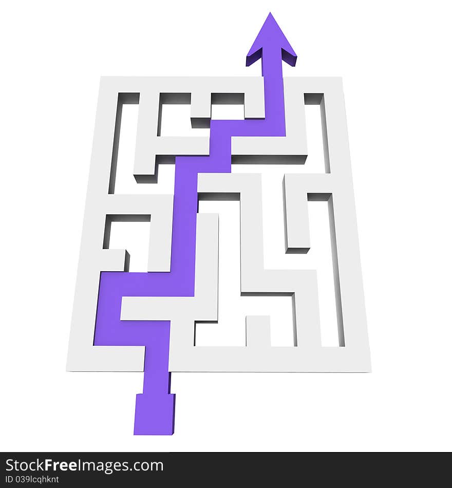 A labyrinth of transparent blocks through which the Violet arrow. 3d computer modeling