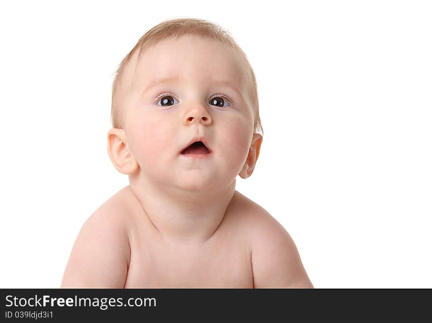 Little surprised baby looking up isolated on white background