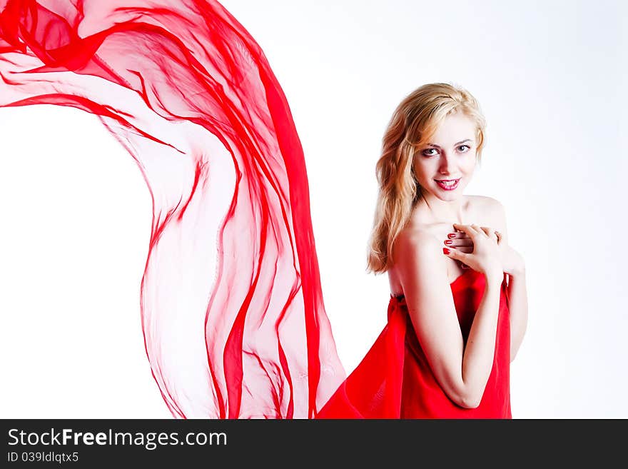 Red, beautiful blonde in a red dress